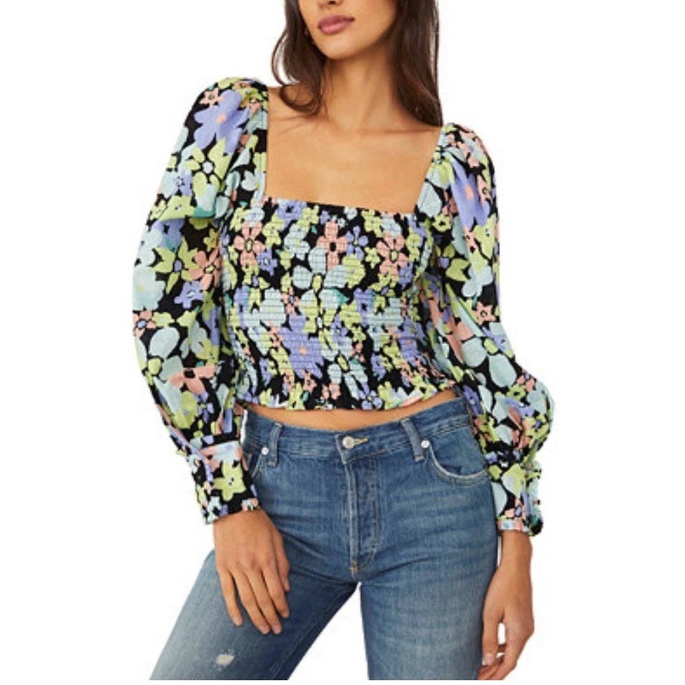 Free People Ariana Printed Top Floral Puff Sleeve Smocked Blouse Size xsmall